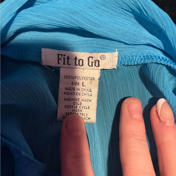 NWOT Fit2Go Womens Teal Blue Long-Sleeve Blouse with Neck Tie - Picture 4 of 4